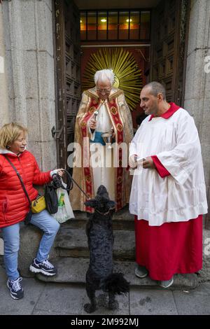 Madrid, Spanien. 17. Januar 2023. Ein Hund sieht den Priester an, wie er in der Kirche San Anton (Heiliger Antonius) mit Weihwasser gesegnet ist, um den Tag des Heiligen Antonius, Spaniens schutzpatron der Tiere, in Madrid, Spanien, am Dienstag, den 17. Januar, zu feiern. 2023. Foto: Paul Hanna/UPI Credit: UPI/Alamy Live News Stockfoto