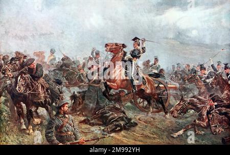 In das Tal des Todes - die 17. Lancers während des Angriffs der Lichtbrigade in Balaclava am 25. Oktober 1854 während des Krim-Krieges - von John Charlton. Stockfoto