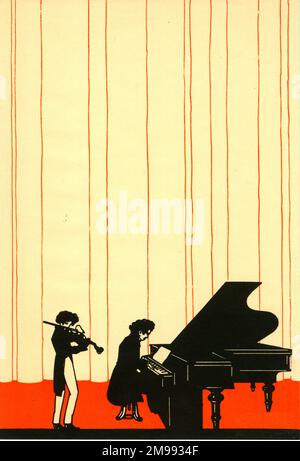 Grußkarte - Violinist und Pianist in Silhouette, Aufführung. Stockfoto