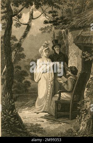 Prinzessin Charlotte Augusta von Wales und ihr Mann Prinz Leopold von Belgien fanden Dame Bewley vor ihrer Hüttentür und lasen ihre alte Bibel. Stockfoto