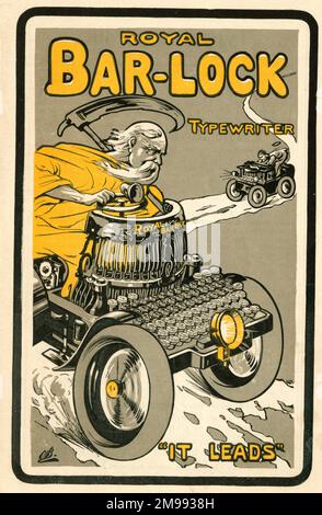 Werbung für die Royal Bar-Lock Schreibmaschine, die zeigt, wie der alte Vater es fährt wie ein Auto. Stockfoto