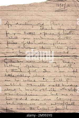 Erste Seite eines Schreibens vom 18. August 1918 von Albert Auerbach von den Royal Fusiliers an seine Schwester Lucy. Er war mit seinem Regiment in Nordfrankreich stationiert. Dies war der letzte Brief, den er seiner Schwester schrieb - er wurde am 1. September 1918 in Bouchavesnes im Einsatz getötet. Stockfoto