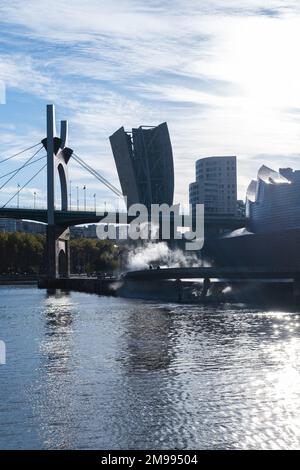 Blick auf Guggenheim Bilbao von der Deusto Bridge, Bilbao, Baskenland Stockfoto