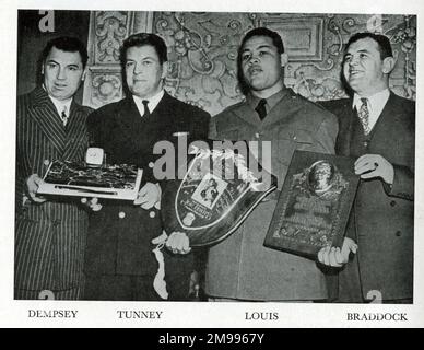 Vier Boxweltmeister (von links nach rechts): Jack Dempsey, Gene, Tunney, Joe Louis, James J. Braddock. Stockfoto