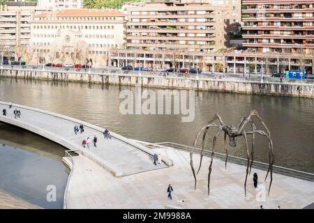 Blick über den Fluss Nervión vom Guggenheim Bilbao, mit Maman by Louise Bourgeois im Vordergrund und Gebäuden und einem Hügel im Stockfoto