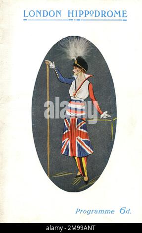 Titelseite eines Londoner Hippodrome Theaterprogramms für „Business as usual“, nur wenige Monate nach Ausbruch des Ersten Weltkriegs. Auf dem Cover ist eine Dame in patriotischen Kleidern und extravaganter Federmütze zu sehen. Stockfoto