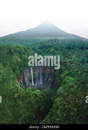 Blick von oben, atemberaubender Blick auf die Tumpak Sewu Wasserfälle, auch bekannt als Coban Sewu, mit Wolken, die sich aus dem Canyon erheben. Stockfoto