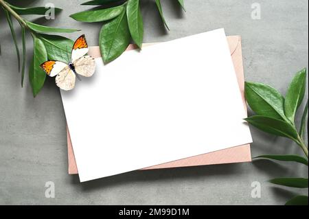 Mock-up-Karte mit Zamiokulcas-Blatt und Schmetterling. Einladungskarte mit Umschlag auf grauem Hintergrund. Stockfoto