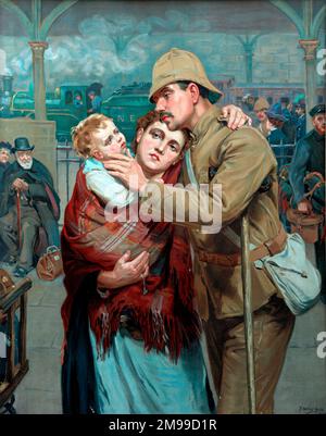 Eine Farbdarstellung der illustrierten London News, die einen Soldaten aus dem Boer war Reservist darstellt, der seiner Frau und seinem Kind Auf Wiedersehen an einem Bahnhof sagt. Stockfoto