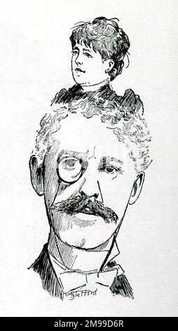 Cartoon, Sir Squire Bancroft (1841-1926), englische Schauspielerin und Managerin, und seine Frau Marie Effie Wilton, Lady Bancroft (1839-1921), englische Schauspielerin und Theatermanagerin. Gemeinsam leiteten sie das Prince of Wales's Theatre und später das Haymarket Theatre in London. Stockfoto