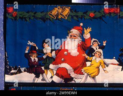 Weihnachtsfrieze, Weihnachtsmann tanzt mit Kindern im Schnee. Stockfoto