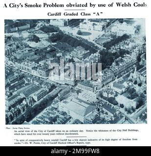 Aus der Vogelperspektive von Cardiff, wo behauptet wird, dass weniger Rauchverschmutzung aufgrund der Verwendung von walisischen Kohlen als von "minderwertigen" Typen zu verzeichnen sei. Stockfoto