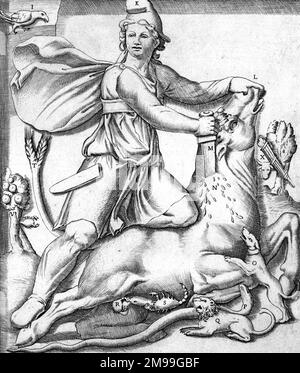 Mithras. Eine Gravur von 1564, in der Mithras den heiligen Stier tötet, der Frühling repräsentiert. Stockfoto