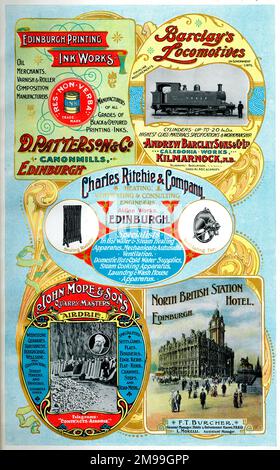 Werbung für D Patterson & Co, Canonmills, Edinburgh, Andrew Barclay Sons & Co Ltd, Kilmarnock, Charles Ritchie & Company, Edinburgh, John More & Sons, Airdrie und North British Station Hotel, Edinburgh, Schottland. Stockfoto