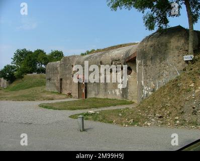 Dies war einer der ersten Teile der „Atlantischen Mauer“, die errichtet wurde. Es gibt vier Kasematten im Abstand von 30 Metern, die durch 300 Meter Betongräben miteinander verbunden sind. Nach den Landungen hielt die Position bis zum 9. Juni an, als sie von der US-22.-Infanterie in einer Aktion eingenommen wurde, in der Private Ralph Riley den Silver Star gewann. Stockfoto