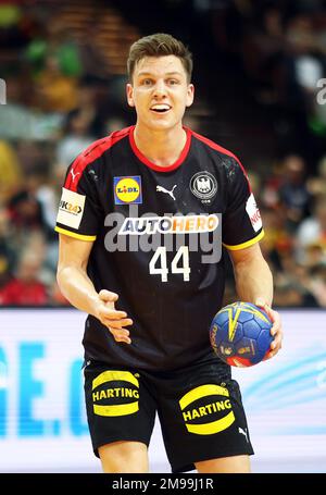 Kattowitz, Polen. 17. Januar 2023. Handball: Weltmeisterschaft, Algerien - Deutschland, Vorrunde, Gruppe E, Spieltag 3 bei Spodek Katowice. Christoph Steinert aus Deutschland hält den Ball. Kredit: Jan Woitas/dpa/Alamy Live News Stockfoto