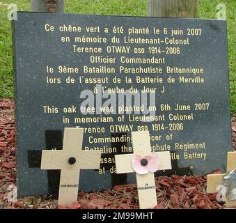 Terence Otway übernahm im April 1944 das Kommando über das 9. Fallschirmbataillon mit der D-Day-Aufgabe, die Merville Battery und ihre Waffen zu neutralisieren. Dieser Gedenkbaum ist mit anderen um den Parkplatz außerhalb des Batterieeingangs. Er entschied, dass die einzige Möglichkeit, für den Angriff richtig zu trainieren, darin bestand, an einem Full-Scale-Modell zu üben, und auf einem 45 Hektar großen Gelände in der Nähe von Newbury arrangierte er, dass Royal Engineers eines bauen. Der Bau dauerte sieben Tage und Nächte, einschließlich Scheinwaffen, ihrer Gefangenenlager und Panzerabwehrgräben. Der Ort, in Walbury Hill, wurde dort 1993 mit einer Markierung versehen. Stockfoto