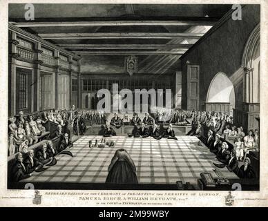 Zeremonie der Präsentation der Sheriffs von London, Samuel Birch und William Heygate am Schatzgericht. Stockfoto