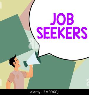 Schreiben mit Textanzeige für Arbeitsuchende. Unternehmensübersicht ein Arbeitsloser, der aktiv auf Arbeitssuche ist Stockfoto
