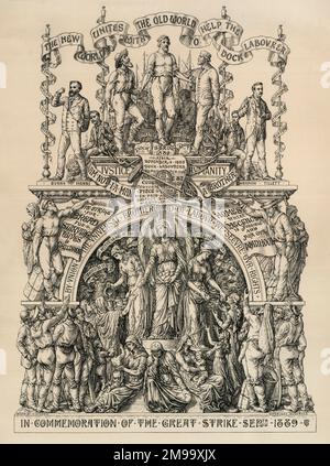 Labour Union Poster zum Gedenken an den Great London Dock Strike von 1889. Am 14. August 1889 brach dieser Arbeitsstreit um Hafenarbeiter im Hafen von London aus, der zu einem Sieg für die 100.000 Streikenden führte und starke Gewerkschaften unter den Londoner Hafenarbeitern gründete, von denen eine zur landesweit wichtigen Dock, Wharf, Riverside und General Labourers' Union wurde. Der Streik gilt weithin als Meilenstein in der Entwicklung der britischen Arbeitsbewegung und symbolisiert das Wachstum der neuen Gewerkschaften von Gelegenheitsarbeitern, ungelernten und schlecht bezahlten Arbeitnehmern, im Gegensatz zu den bereits bestehenden Handwerksgewerkschaften Stockfoto