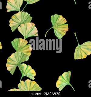 Ginkgo Biloba grüne und gelbe Blätter mit nahtlosem Muster, bedrucktes Blattwerk in der Botanik. Aquarelle. Hinterlässt Clip-Art. Stockfoto