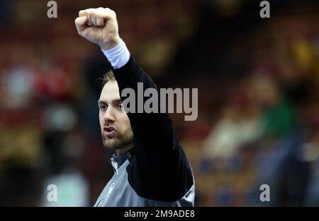 Kattowitz, Polen. 17. Januar 2023. Handball: Weltmeisterschaft, Algerien - Deutschland, Vorrunde, Gruppe E, Spieltag 3 bei Spodek Katowice. Deutschlands Torwart Andreas Wolff Gesten. Kredit: Jan Woitas/dpa/Alamy Live News Stockfoto