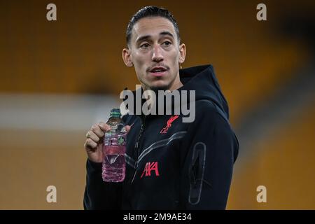 Wolverhampton, Großbritannien. 17. Januar 2023. Kostas Tsimikas #21 of Liverpool während des Replay-Spiels der Emirates FA Cup in der dritten Runde Wolverhampton Wanderers vs Liverpool in Molineux, Wolverhampton, Vereinigtes Königreich, 17. Januar 2023 (Foto von Craig Thomas/News Images) in Wolverhampton, Vereinigtes Königreich, 1/17/2023. (Foto: Craig Thomas/News Images/Sipa USA) Guthaben: SIPA USA/Alamy Live News Stockfoto