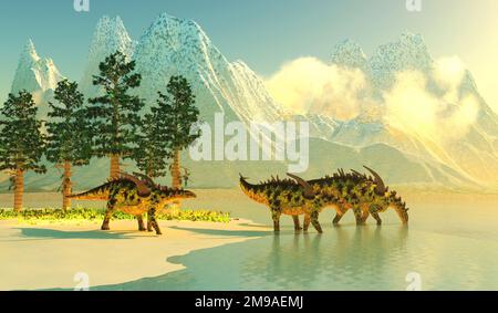 Eine Herde gepanzerter Gigantspinosaurus-Dinosaurier kommt in der Jurassezeit Chinas zu einem Morgendrink in einen See. Stockfoto