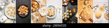 Gruppe herzförmiger Kekse mit rohem Teig, Zutaten und Utensilien auf dem Tisch Stockfoto