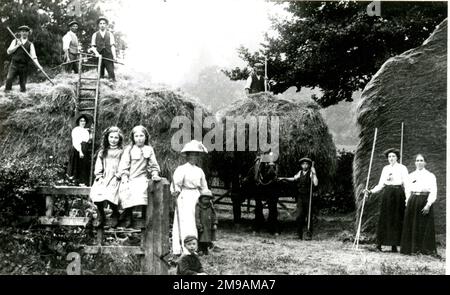 Draycott, Cotswold Village, Oldborough Farm, Hodgkins Familiengruppe, die die Ernte vor 1915 einbringt. Stockfoto