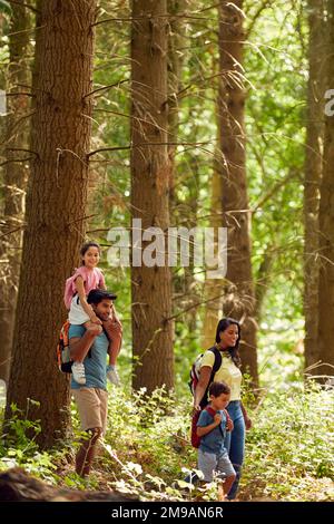 Familie Mit Rucksäcken Wandern Oder Spazierengehen Durch Die Waldlandschaft Stockfoto