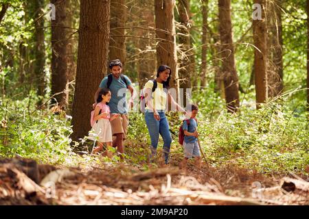 Familie Mit Rucksäcken Wandern Oder Spazierengehen Durch Die Waldlandschaft Stockfoto