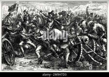 Angriff auf den Hafen von Leith, Schottland, Juli 1650, durch Cromwells New Model Army gegen schottische Streitkräfte (unter David Leslie, 1. Lord Newark) während des Englischen Bürgerkriegs (1642-1651). Es war ein Auftakt zur Schlacht von Dunbar, die am 3. September folgte. Stockfoto