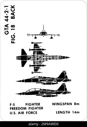 NORTHROP F-5A - F-5B. Dies ist eine der Grafiktrainingshilfen (GTA), die von der US-Armee verwendet werden, um ihr Personal darin zu Schulen, freundliche und feindliche Flugzeuge zu erkennen. Dieser besondere Satz, GTA 44-2-1, wurde July1977 herausgegeben. Das Set umfasst Flugzeuge aus Kanada, Italien, Großbritannien, den USA und der UdSSR. Stockfoto