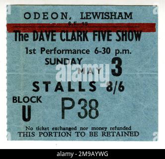 Eintrittskarte für die Dave Clark Five Show, Lewisham Odeon, SE London, 3. Mai 1964 Stockfoto