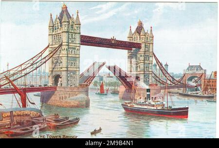 Eine erhöhte Tower Bridge von der Südseite des Flusses in Richtung Tower of London. Die Brücke ist eine kombinierte Bascule- und Hängebrücke, die zwischen 1886 und 1894 erbaut wurde. Der Ingenieur für das Projekt war Sir John Wolfe Barry mit Sir Horace Jones als Architekt. Stockfoto