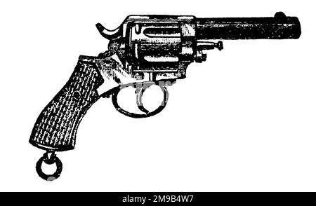 44-Kaliber Frontier Revolver, Vintage Gravur. Alte gravierte Darstellung eines Frontier Revolvers isoliert auf weißem Hintergrund. Stockfoto
