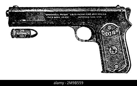 Automatische Colt-8-Shot-Pistole, Kaliber 38, Vintage-Gravur. Alte, eingravierte Darstellung einer Colt 8-Shot Pistole isoliert auf weißem Hintergrund. Stockfoto