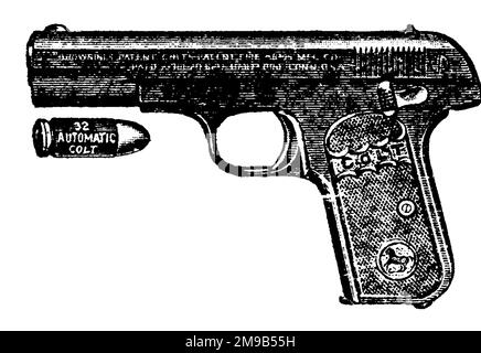 Automatische Colt-9-Shot-Pistole, Kaliber 38, Vintage-Gravur. Alte, eingravierte Darstellung einer Colt 9-Shot Pistole isoliert auf weißem Hintergrund. Stockfoto