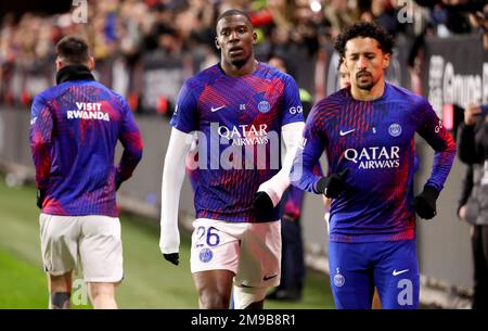 NoRDI Mukiele von PSG während des Fußballspiels der französischen Meisterschaft Ligue 1 zwischen Stade Rennais und Paris Saint-Germain am 15. Januar 2023 im Roazhon Park in Rennes, Frankreich - Photo Jean Catuffe / DPPI Stockfoto