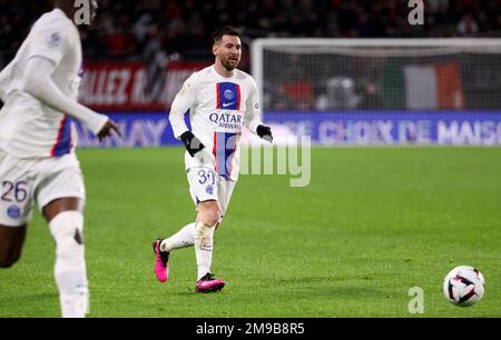 Lionel Messi von PSG während des Fußballspiels der französischen Meisterschaft Ligue 1 zwischen Stade Rennais und Paris Saint-Germain am 15. Januar 2023 im Roazhon Park in Rennes, Frankreich - Photo Jean Catuffe / DPPI Stockfoto