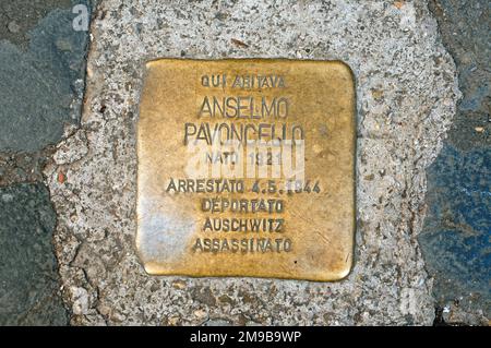 Stolpersteine, Gedenkstein aus Messing für die Opfer der Shoah im jüdischen Ghetto, Rom, Italien Stockfoto