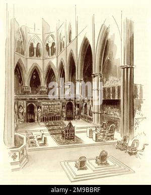 Westminster Abbey, London, am Morgen der Krönung, 12. Mai 1937 - König George VI. Und Königin Elizabeth - zeigt den Krönungsstuhl, den Staatstempel, den Thron der Hommage, Königin Elisabeths Staatstempel und Thron, die Stühle der Prinzen des Blutes und die königliche Büchse. Stockfoto