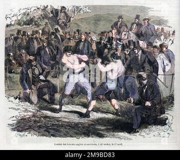 Tom Sayers kämpft mit John Heenan im berühmtesten Preiskampf des 19. Jahrhunderts. Schließlich endete sie unentschieden (17. April 1860). Stockfoto