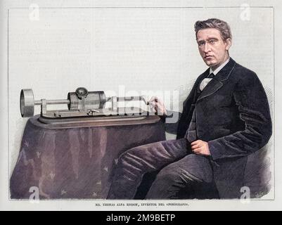 THOMAS ALVA EDISON (1847-1931), amerikanischer Erfinder mit seinem Phonograph. Stockfoto