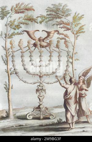 Zeremonielle Objekte : der GOLDENE KERZENSTÄNDER (Menorah) mit sieben Zweigen, der im Tempel von Jerusalem verwendet wurde, wird dem Propheten Zechariah von einem Engel gezeigt Stockfoto