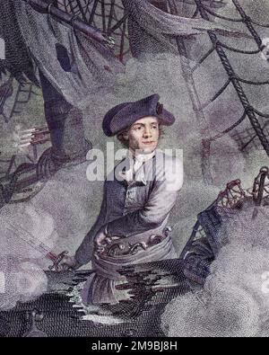 JOHN PAUL JONES (1747 - 1792), amerikanischer Marinekommandeur, stellte sich heldenhaft dar, während sein Schiff bombardiert wird. Stockfoto