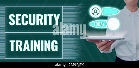 Textunterschrift zur Präsentation der Sicherheitsschulung. Unternehmensübersicht mit Schulungen zum Sicherheitsbewusstsein für Endbenutzer Stockfoto
