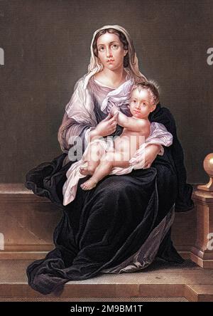 Maria und Baby Jesus, von Murillo. Stockfoto