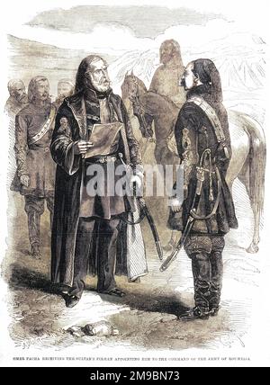 OMER (oder Omar) PASCHA, echter Name: Michael Lattas (1806-1871), kroatischer General in der türkischen Armee, erhielt den Brief des Sultans, mit dem er zum Kommandeur der Roumelia-Armee ernannt wurde. Stockfoto